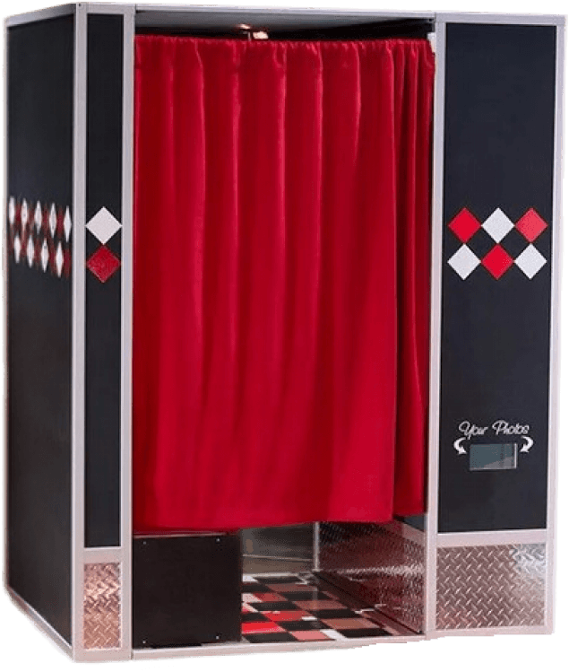 Classic black photo booth with a red curtain